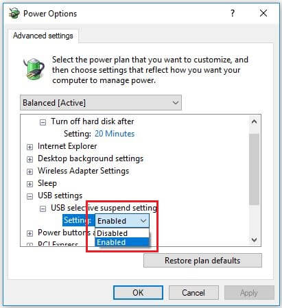 USB-Einstellungen für das selektive Anhalten