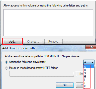 einen neuen Laufwerksbuchstaben aus der Dropdown-Liste zuweisen