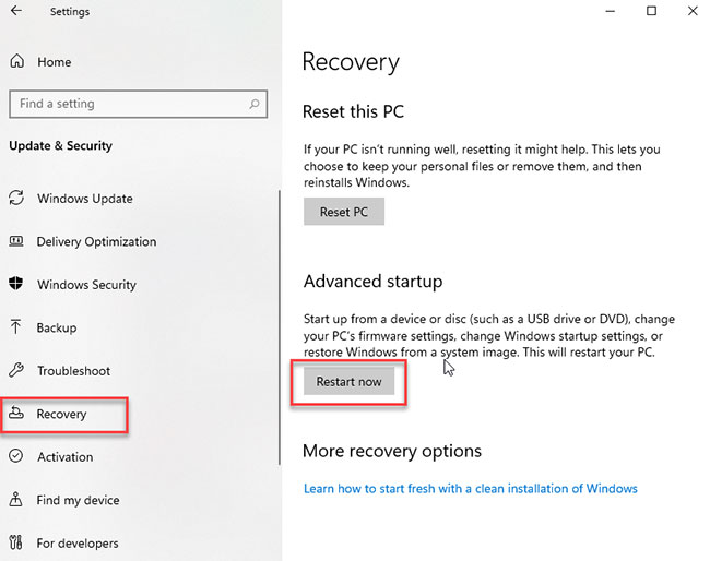 Jetzt neu starten im erweiterten Startmodus