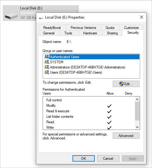 in den Eigenschaften auf die Registerkarte Sicherheit gehen