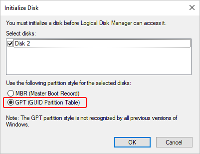 Wählen Sie gpt bei der Initialisierung der internen Festplatte, die nicht erkannt wird